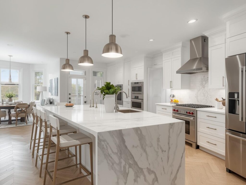 Finished kitchen remodel with marble island