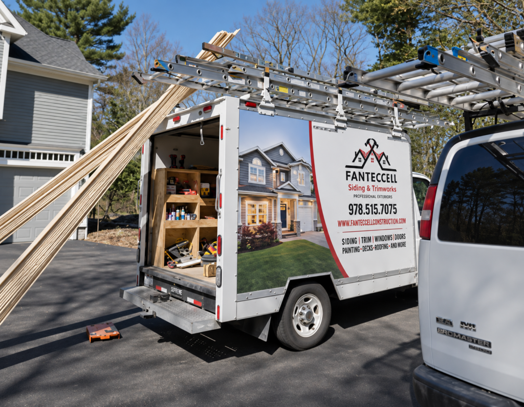 Fantecelli truck loaded with ladders on a New England job site