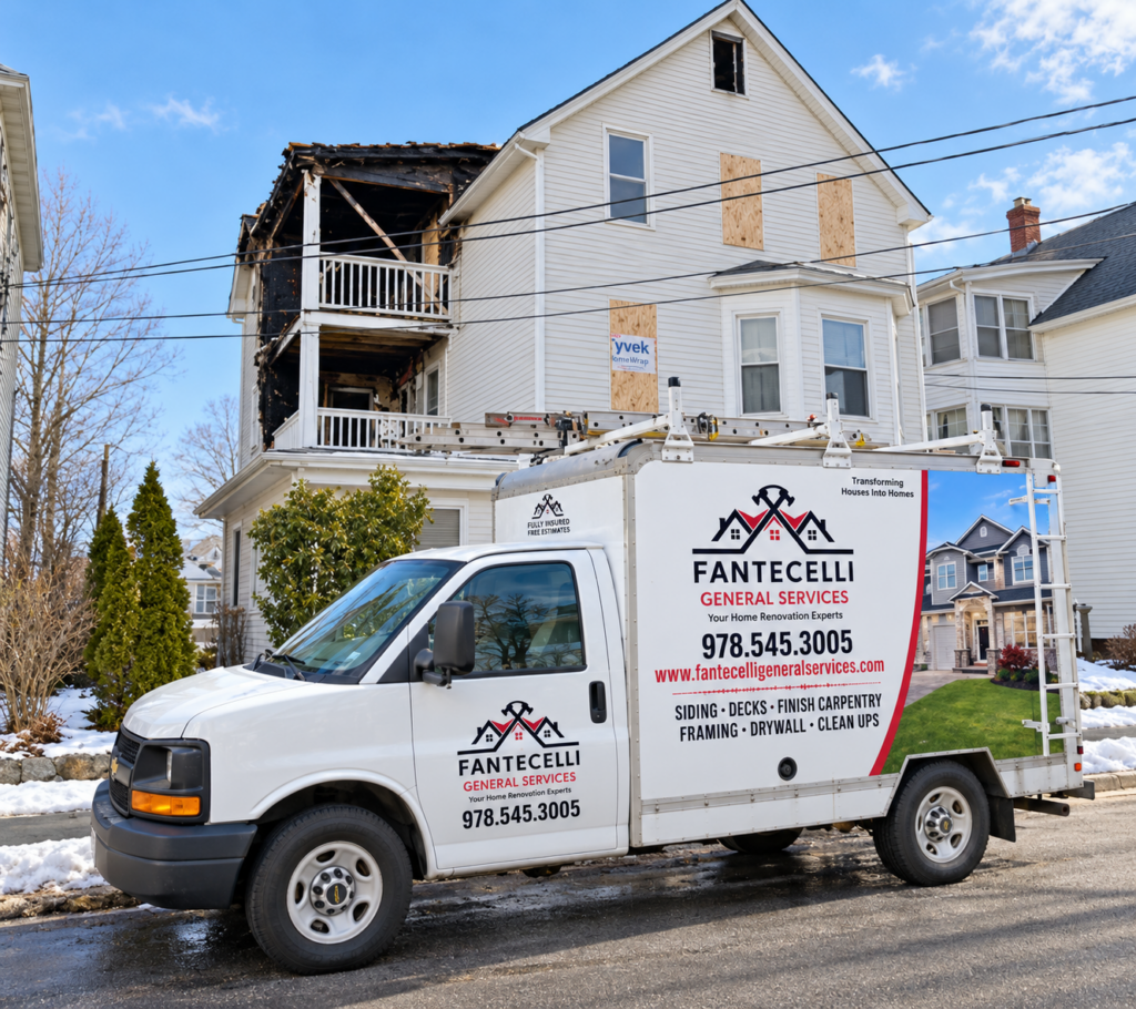 Fantecelli work van in front of a New England triple-decker